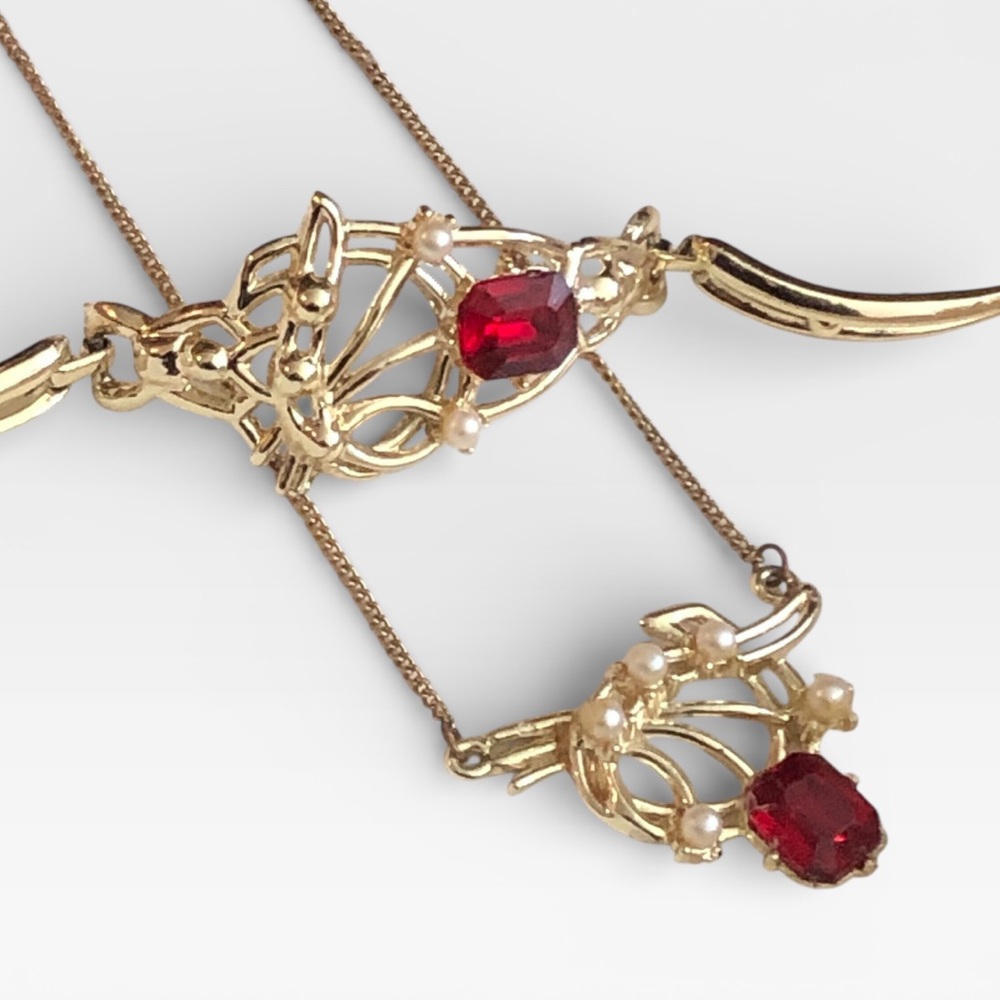 Vintage Cherry Red Rhinestone Faux Pearl Necklace & Bracelet Set